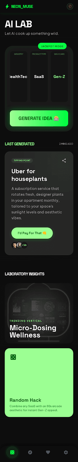 AI Lab generator — mash up industries, product types, wild cards.